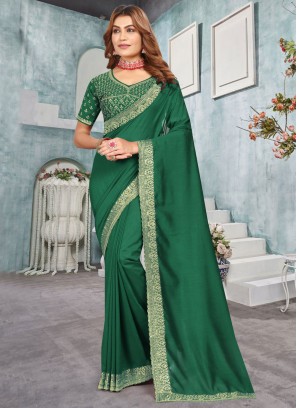 Embroidered Vichitra Silk Trendy Saree in Green