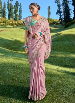 Embroidered Viscose Designer Saree in Pink