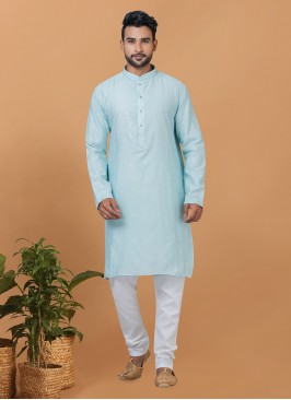 Embroidered Viscose Kurta Pyjama in Aqua Blue