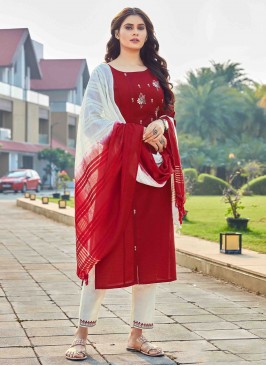 Embroidered Viscose Pant Style Suit in Maroon