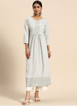 Embroidered Viscose Party Wear Kurti in Grey
