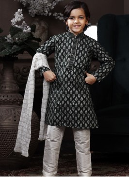 Emerald Elegance: Kids' Dark Green Cotton Printed Kurta with Off-White Art Silk Trouser Set.