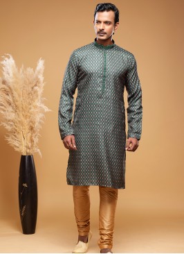 Emerald Garden Digital Print Art Silk Kurta Pajama Set.