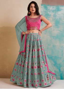 Enchanting Blue and Pink Designer Party Wear Heavy Chinon Lehenga Choli