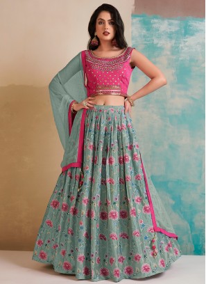 Enchanting Blue and Pink Designer Party Wear Heavy Chinon Lehenga Choli