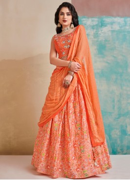 Enchanting Orange Designer Party Wear Heavy Chinon