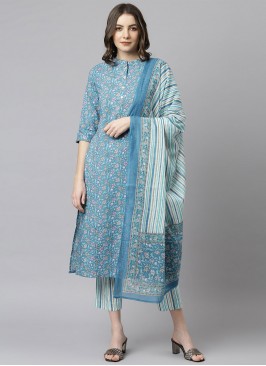 Enchanting Blue Cotton Pant Style Suit