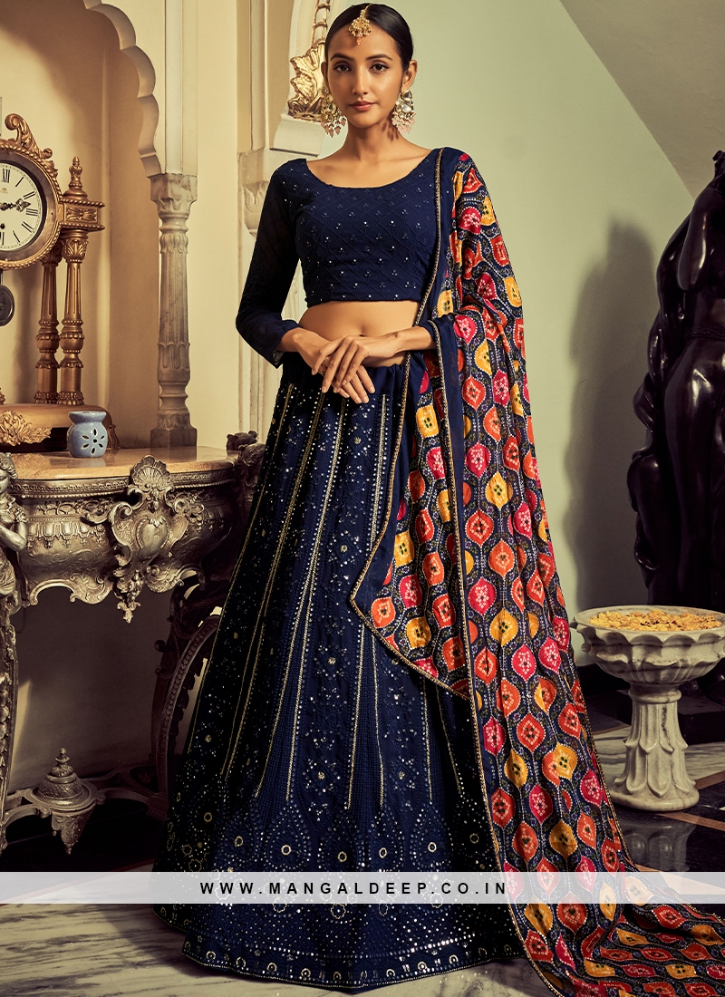 Enchanting Navy Blue Georgette Lehenga Choli with Silk Dupatta