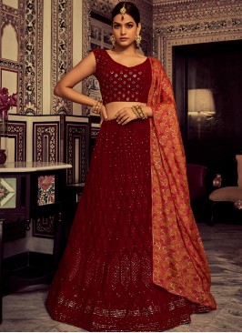 Enchanting Marron Georgette Lehenga Choli with Sil