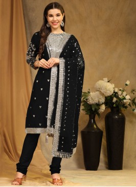 Energetic Embroidered Black Faux Georgette Churidar Salwar Suit