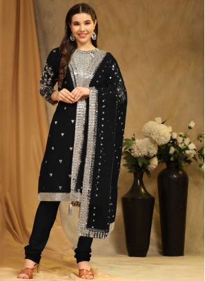 Energetic Embroidered Black Faux Georgette Churidar Salwar Suit