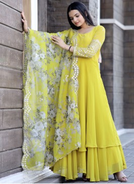 Energetic Embroidered Organza Yellow Readymade Gown