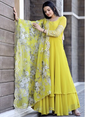 Energetic Embroidered Organza Yellow Readymade Gown
