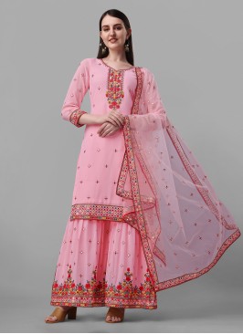 Energetic Faux Georgette Rose Pink Designer Palazzo Salwar Kameez