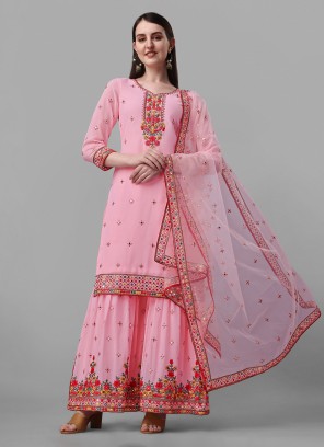Energetic Faux Georgette Rose Pink Designer Palazzo Salwar Kameez