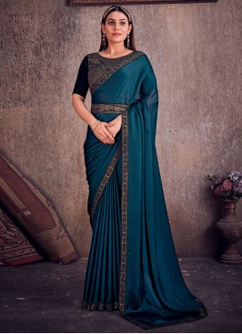 Energetic Georgette Satin Teal Border Designer Saree