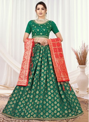 Energetic Jacquard Work Viscose Green A Line Lehenga Choli