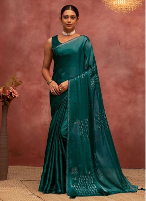 Energetic Satin Silk Floral Patterns Rama Contemporary Saree