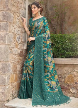 Energetic Silk Printed Teal Contemporary Saree