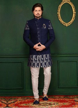 Engagement Wear Jute Velvet Brocade Blue Indo Western
