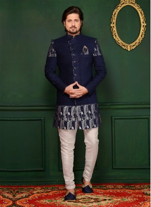 Engagement Wear Jute Velvet Brocade Blue Indo Western