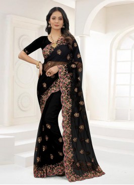 Engrossing Black Zari Net Contemporary Saree