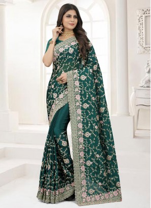 Engrossing Chinon Teal Contemporary Saree