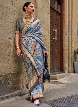 Engrossing Digital Print Blue Silk Classic Saree