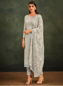 Engrossing Grey Organza Straight Salwar Kameez