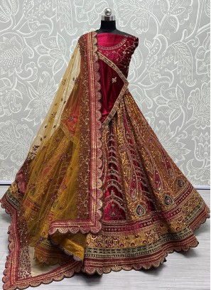 Engrossing Hot Pink Velvet Designer A Line Lehenga Choli