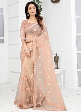 Engrossing Net Peach Resham Classic Saree