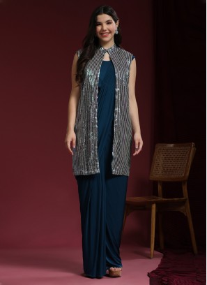 Engrossing Sequins Teal Contemporary Saree
