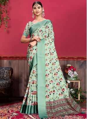 Engrossing Tussar Silk Sea Green Weaving Trendy Saree