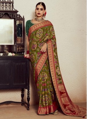 Engrossing Weaving Green Brasso Designer Saree