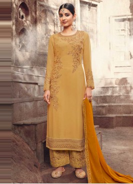 Enthralling Embroidered Faux Georgette Mustard Designer Pakistani Suit
