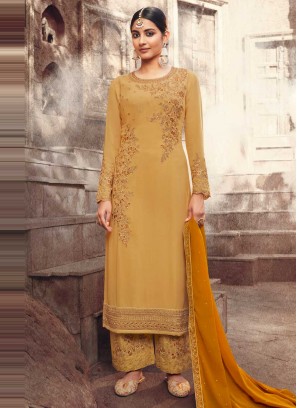 Enthralling Embroidered Faux Georgette Mustard Designer Pakistani Suit