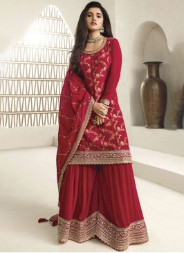 Enthralling Embroidered Red Viscose Palazzo Salwar Kameez