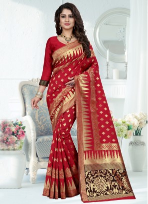 Enthralling Red Weaving Art Banarasi Silk Designer Traditional Saree