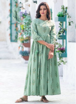 Enthralling Sea Green Digital Print Muslin Gown 