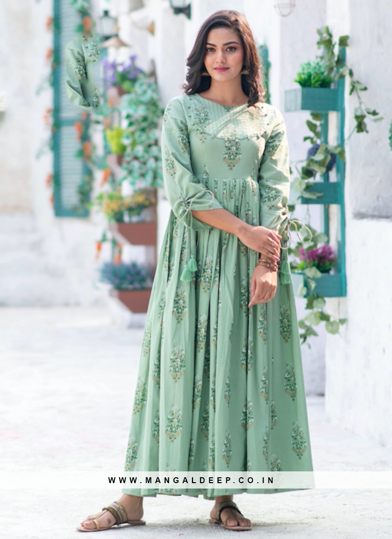 Buy Online Printed Sea Green Designer Gown : 139424 -