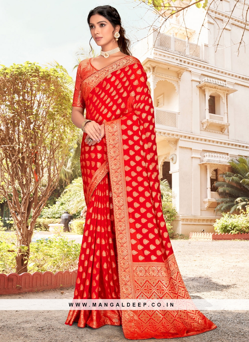 Latest Red Saree Look for Wedding Party Woven Silk