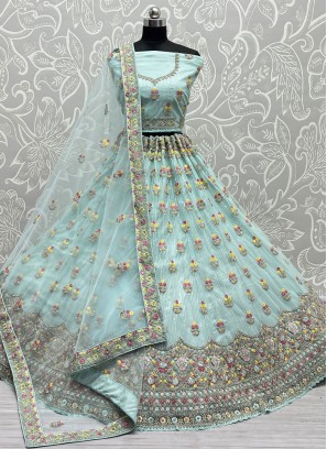 Enthralling Thread Net Aqua Blue A Line Lehenga Choli