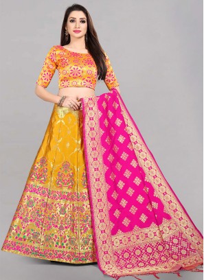 Enticing Banarasi Silk Jacquard Work Yellow Lehenga Choli