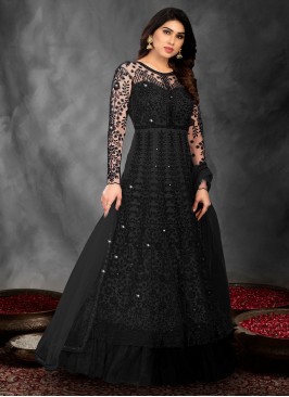 Enticing Black Net Designer Floor Length Suit