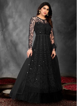 Enticing Black Net Designer Floor Length Suit