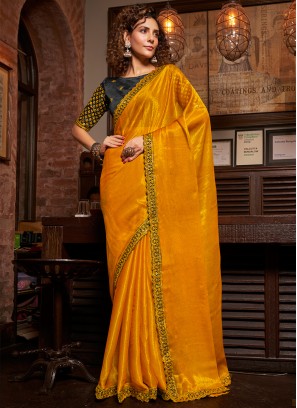 Enticing Chiffon Embroidered Mustard Designer Saree