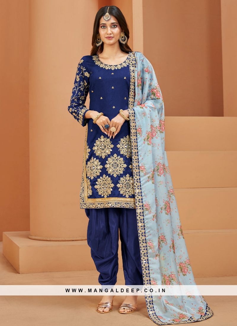 Enticing Embroidered Navy Blue Art Silk Straight Salwar Suit