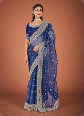 Enticing Navy Blue Organza Trendy Saree