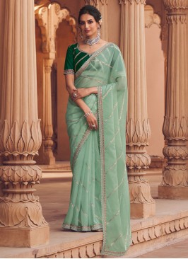 Enticing Organza Sea Green Crystal Trendy Saree