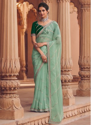 Enticing Organza Sea Green Crystal Trendy Saree